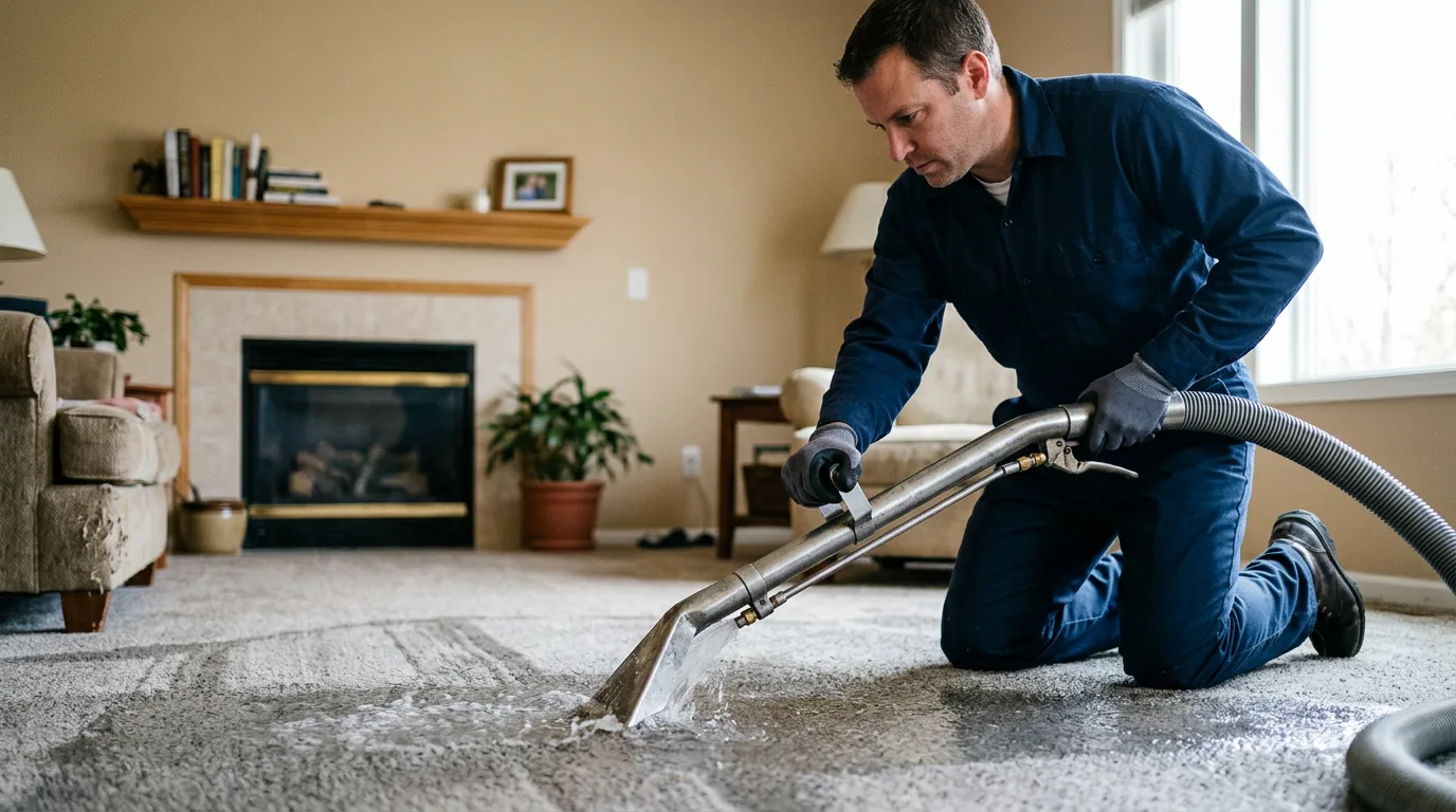 Water damage restoration technician working in a home in Virginia